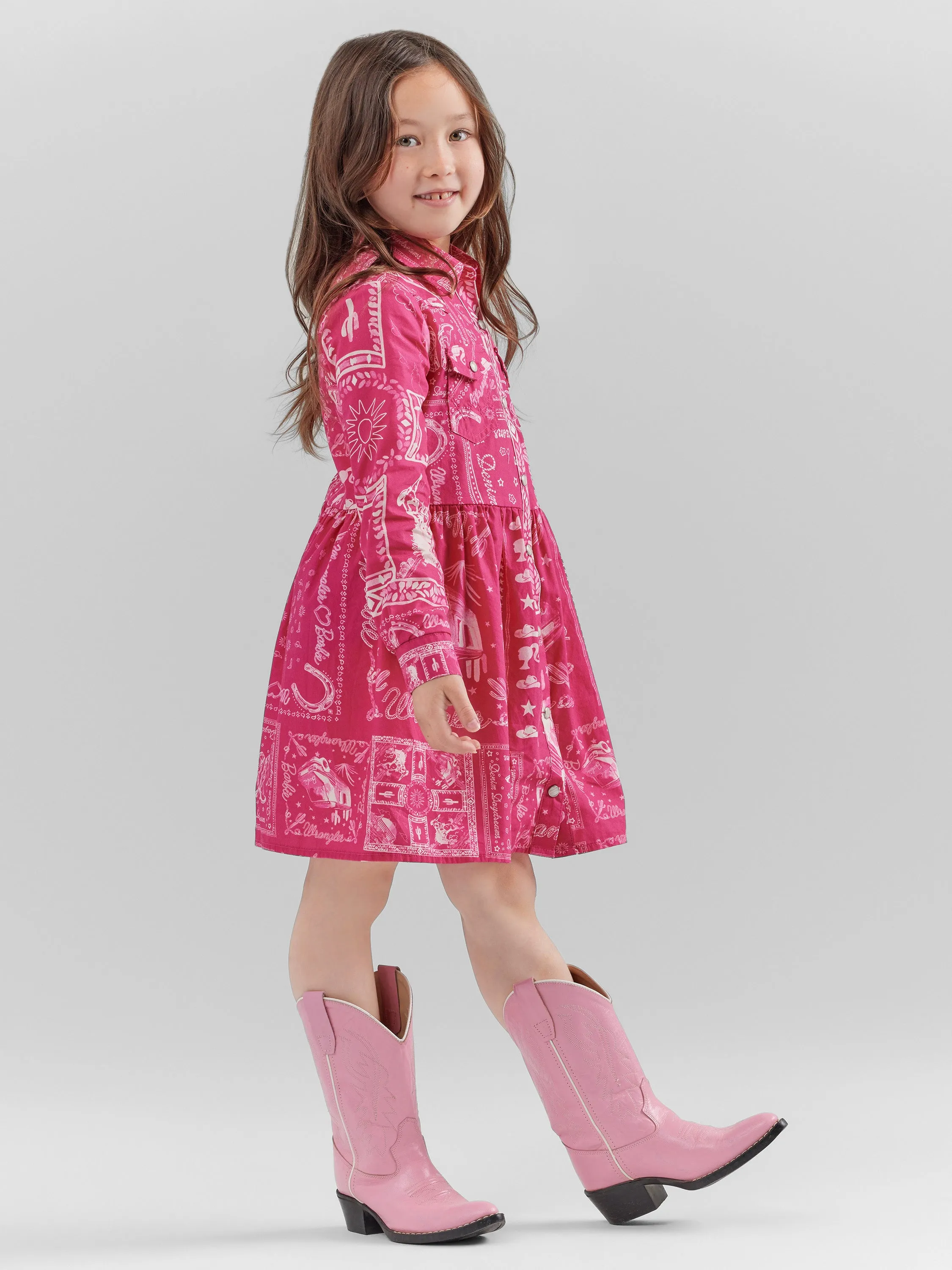 Wrangler Girl's Barbie Bandana Western Snap Shirt Dress